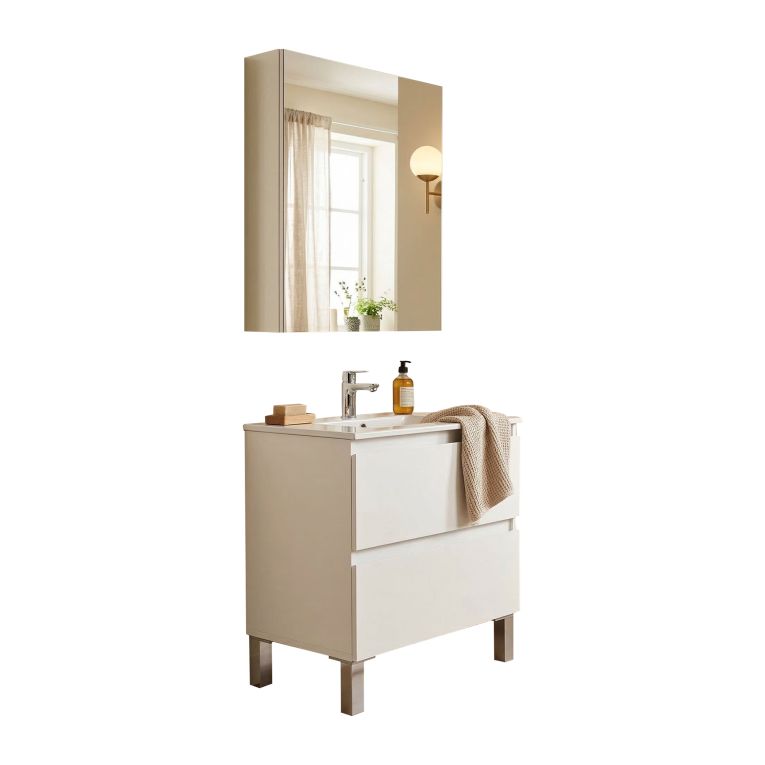 Set Mobili Bagno Bianco Lucido Specchio Incluso 2 Cassetti, 2 Ripiani - Tuscania