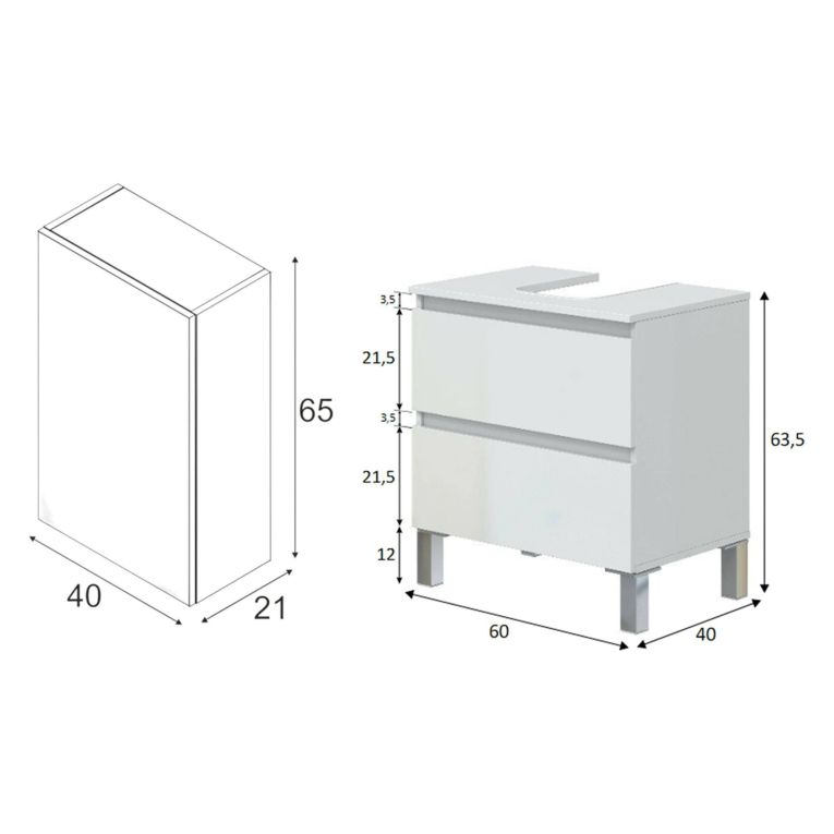 Set Mobili Bagno Bianco Lucido Specchio Incluso 2 Cassetti, 2 Ripiani - Tuscania
