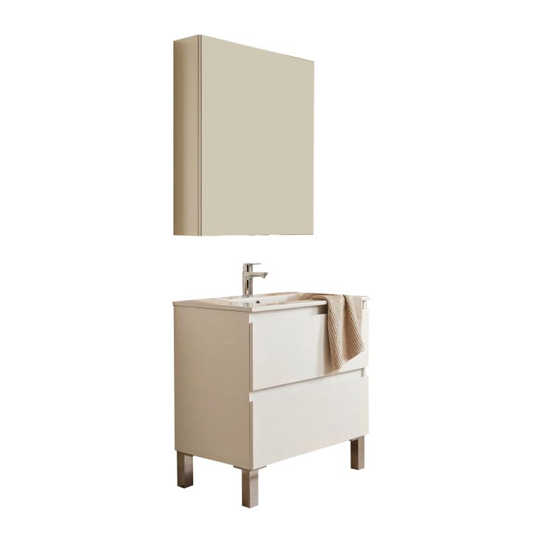 Set Mobili Bagno Bianco Lucido Specchio Incluso 2 Cassetti, 2 Ripiani - Tuscania