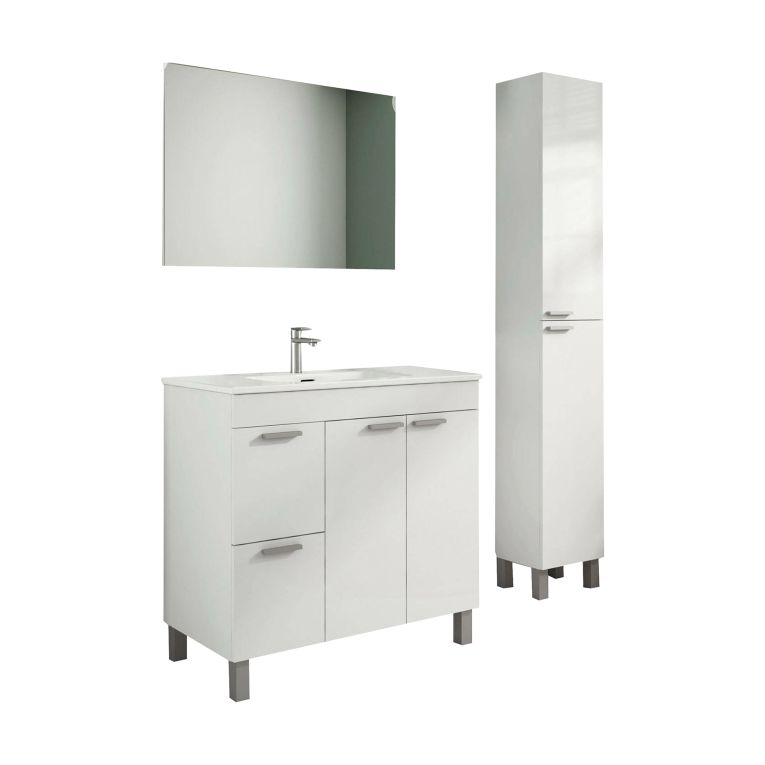 Set Mobili Bagno Bianco Lucido Specchio Incluso 2 Cassetti, 3 Ripiani - Liona