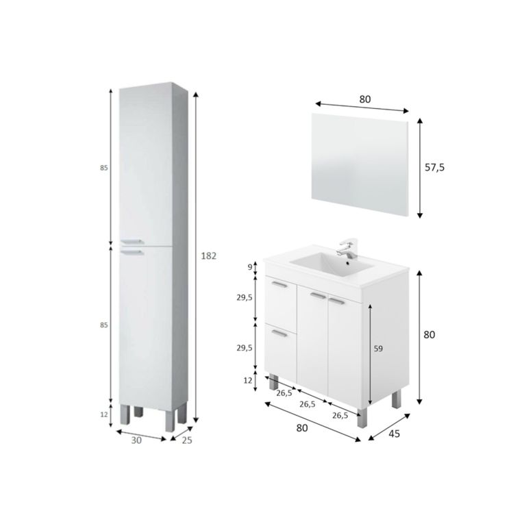 Set Mobili Bagno Bianco Lucido Specchio Incluso 2 Cassetti, 3 Ripiani - Liona
