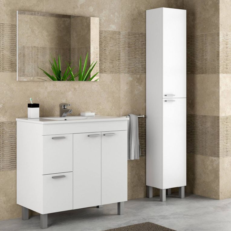 Set Mobili Bagno Bianco Lucido Specchio Incluso 2 Cassetti, 3 Ripiani - Liona
