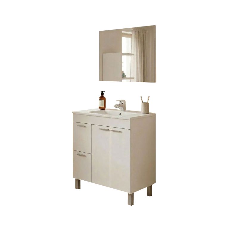 Set Mobili Bagno Bianco Lucido Specchio Incluso 2 Cassetti, 3 Ripiani - Trecase