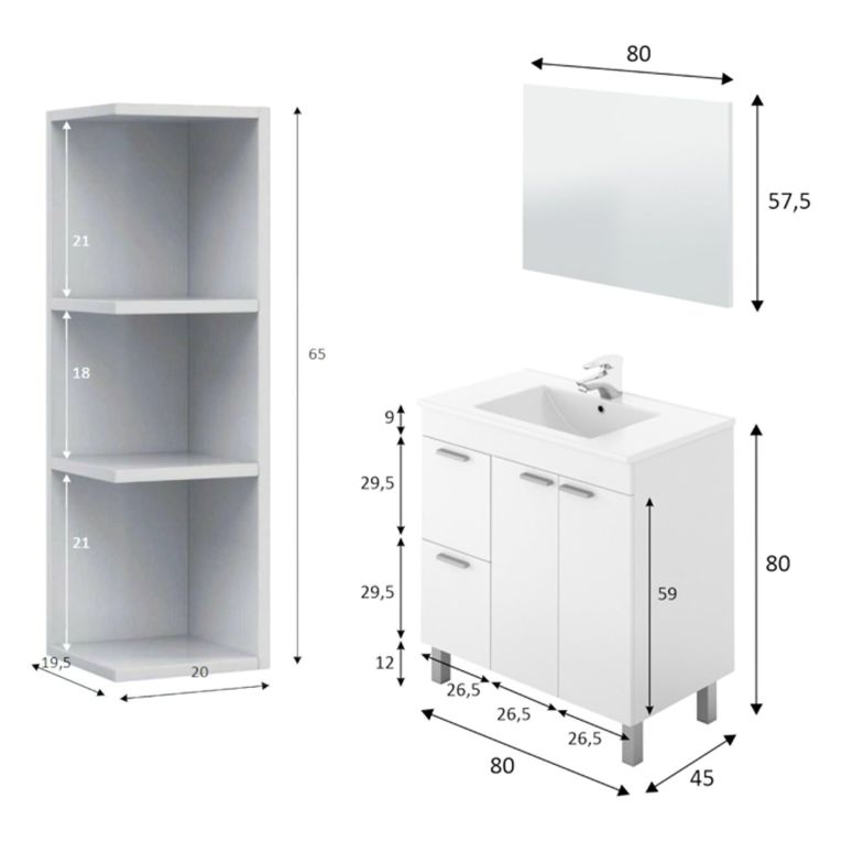 Set Mobili Bagno Bianco Lucido Specchio Incluso 2 Cassetti, 3 Ripiani - Trecase