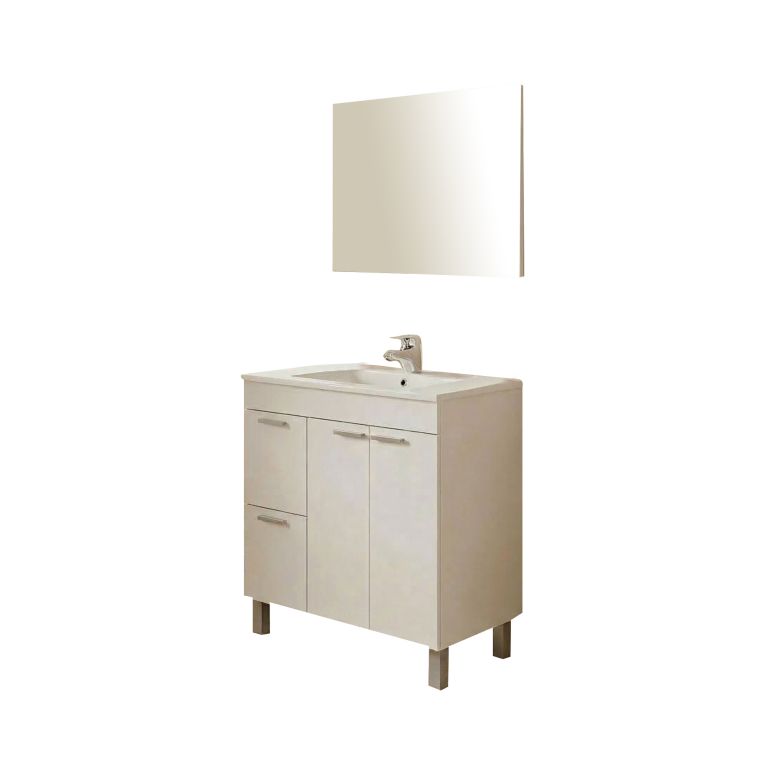 Set Mobili Bagno Bianco Lucido Specchio Incluso 2 Cassetti, 3 Ripiani - Trecase