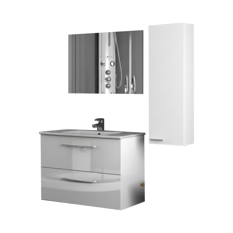 Set Mobili Bagno Bianco Lucido Specchio Incluso 2 Cassetti, un Ripiano - Possagno