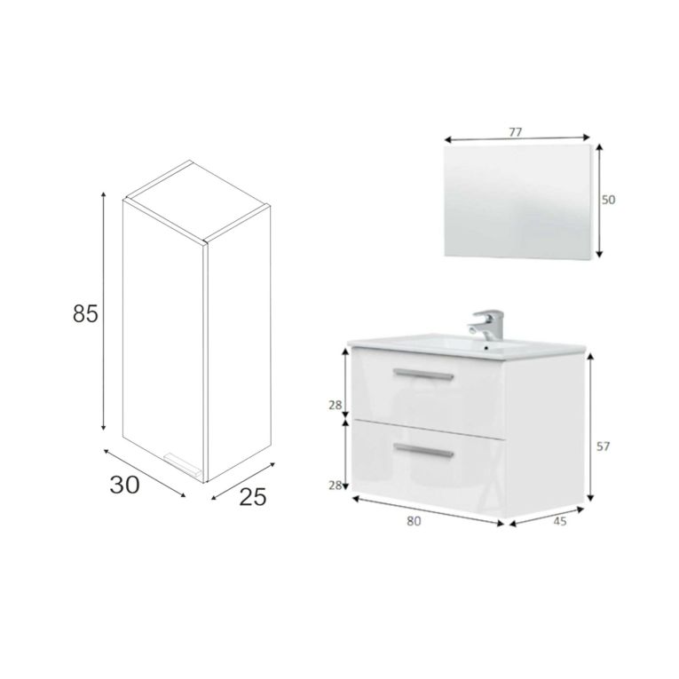 Set Mobili Bagno Bianco Lucido Specchio Incluso 2 Cassetti, un Ripiano - Possagno