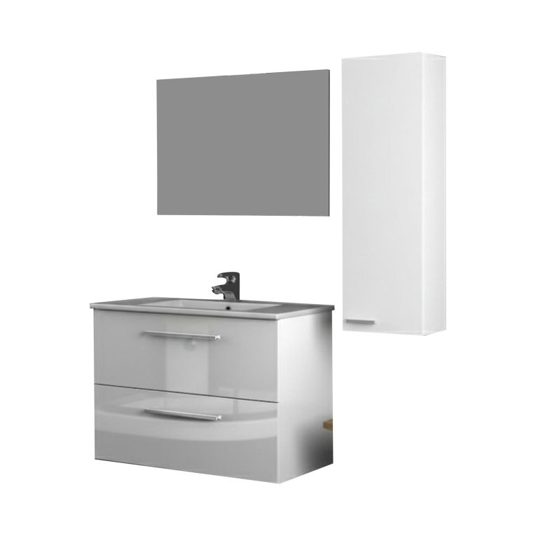 Set Mobili Bagno Bianco Lucido Specchio Incluso 2 Cassetti, un Ripiano - Possagno