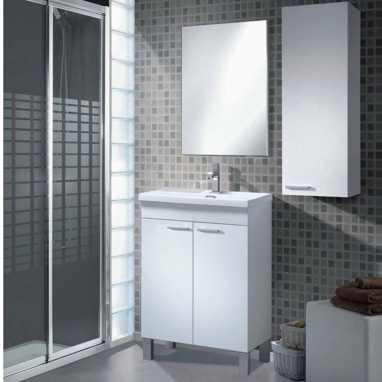 Set Mobili Bagno Bianco Lucido Specchio Incluso 2 Ripiani, 3 Ante - Fenile