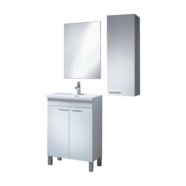 Set Mobili Bagno Bianco Lucido Specchio Incluso 2 Ripiani, 3 Ante - Fenile