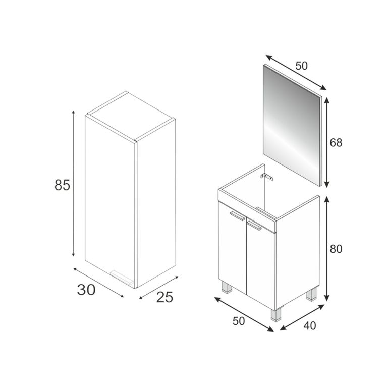 Set Mobili Bagno Bianco Lucido Specchio Incluso 2 Ripiani, 3 Ante - Fenile