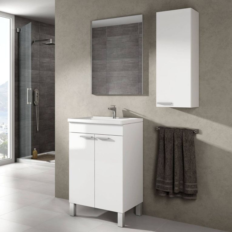 Set Mobili Bagno Bianco Lucido Specchio Incluso 2 Ripiani, 3 Ante - Fenile