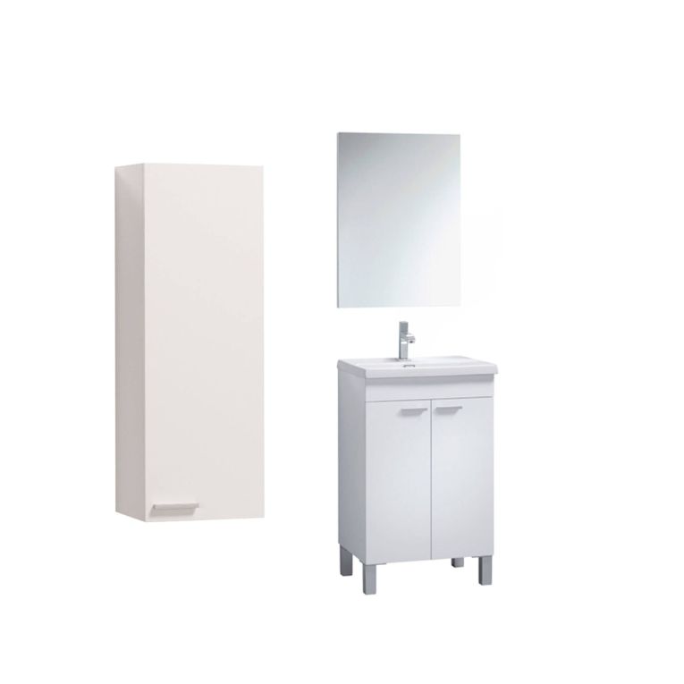 Set Mobili Bagno Bianco Lucido Specchio Incluso 2 Ripiani, 3 Ante - Fenile