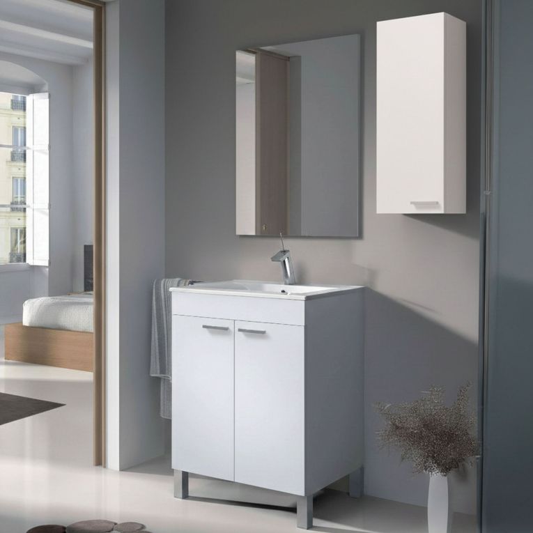 Set Mobili Bagno Bianco Lucido Specchio Incluso 2 Ripiani, 3 Ante - Mamoiada