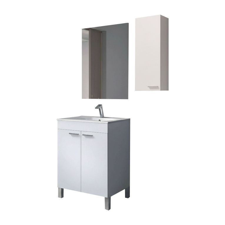Set Mobili Bagno Bianco Lucido Specchio Incluso 2 Ripiani, 3 Ante - Mamoiada