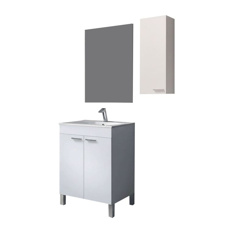 Set Mobili Bagno Bianco Lucido Specchio Incluso 2 Ripiani, 3 Ante - Mamoiada