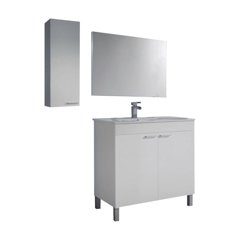 Set Mobili Bagno Bianco Lucido Specchio Incluso 2 Ripiani, 3 Ante - Suvereto