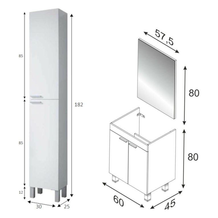 Set Mobili Bagno Bianco Lucido Specchio Incluso 2 Ripiani, 4 Ante - Dossena