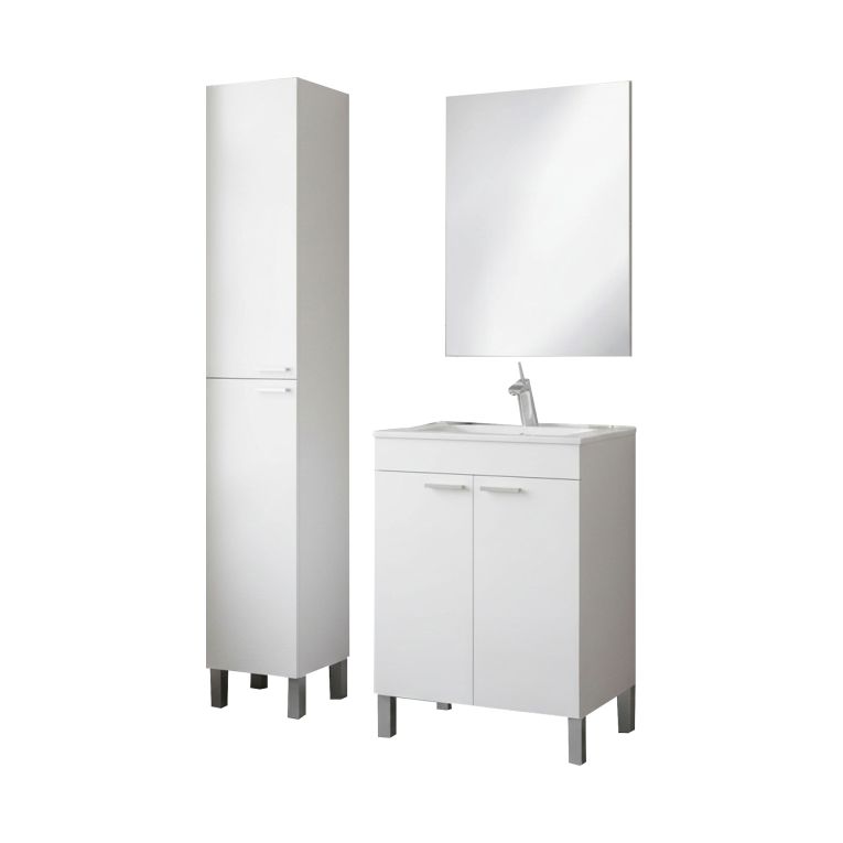 Set Mobili Bagno Bianco Lucido Specchio Incluso 2 Ripiani, 4 Ante - Dossena