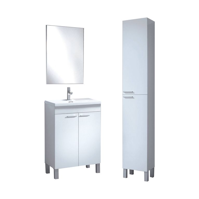 Set Mobili Bagno Bianco Lucido Specchio Incluso 2 Ripiani, 4 Ante - Tradate