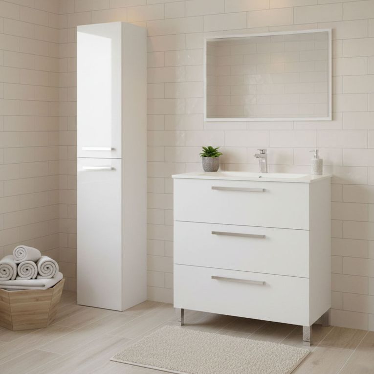 Set Mobili Bagno Bianco Lucido Specchio Incluso 3 Cassetti, 2 Ripiani - Berici