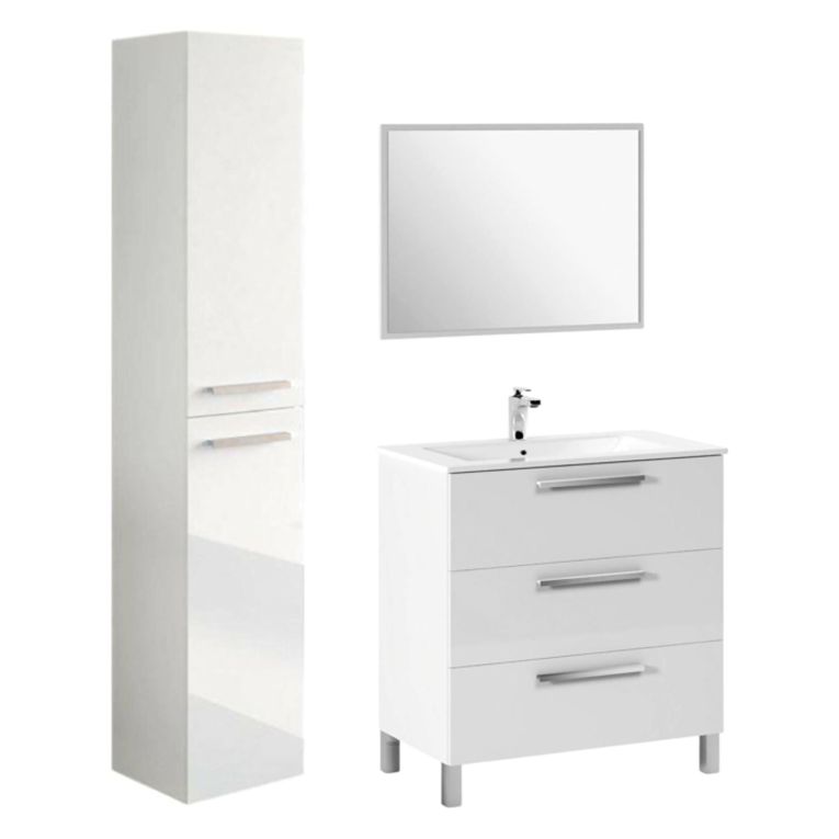Set Mobili Bagno Bianco Lucido Specchio Incluso 3 Cassetti, 2 Ripiani - Berici