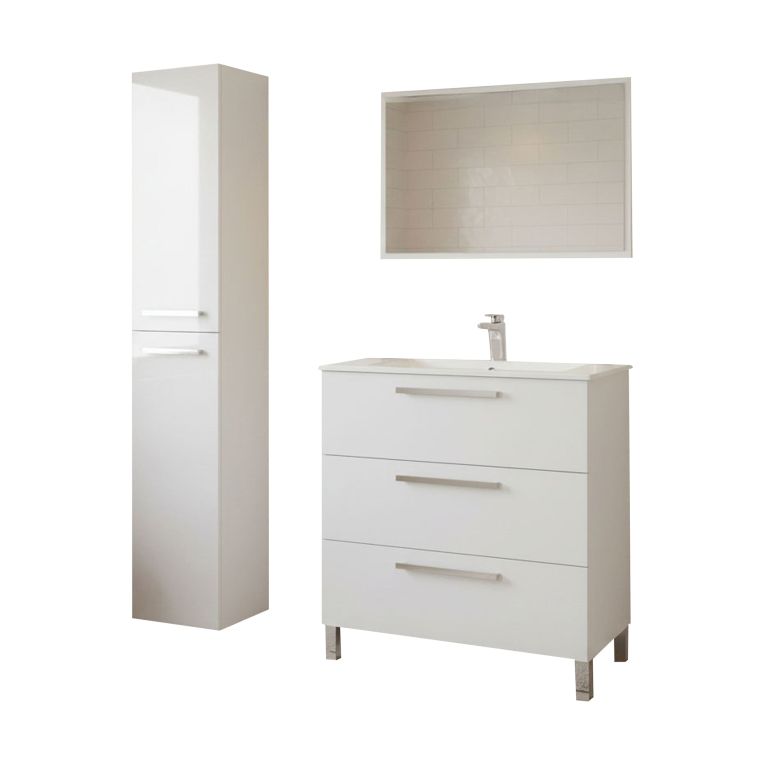 Set Mobili Bagno Bianco Lucido Specchio Incluso 3 Cassetti, 2 Ripiani - Berici