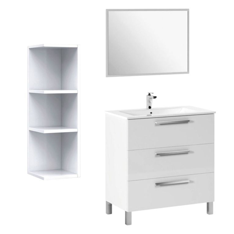 Set Mobili Bagno Bianco Lucido Specchio Incluso 3 Cassetti, 2 Ripiani - Sesto