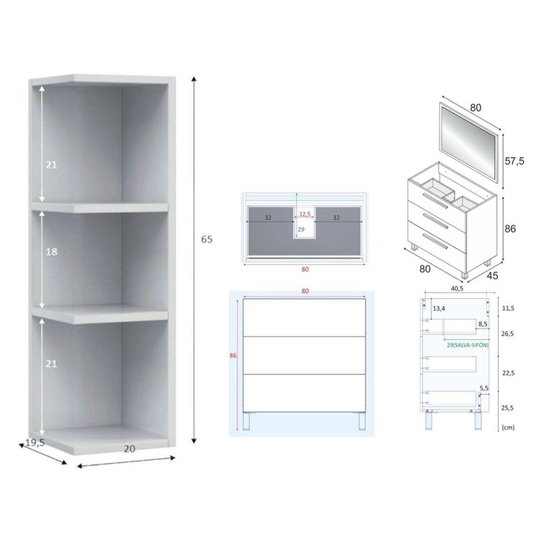 Set Mobili Bagno Bianco Lucido Specchio Incluso 3 Cassetti, 2 Ripiani - Sesto