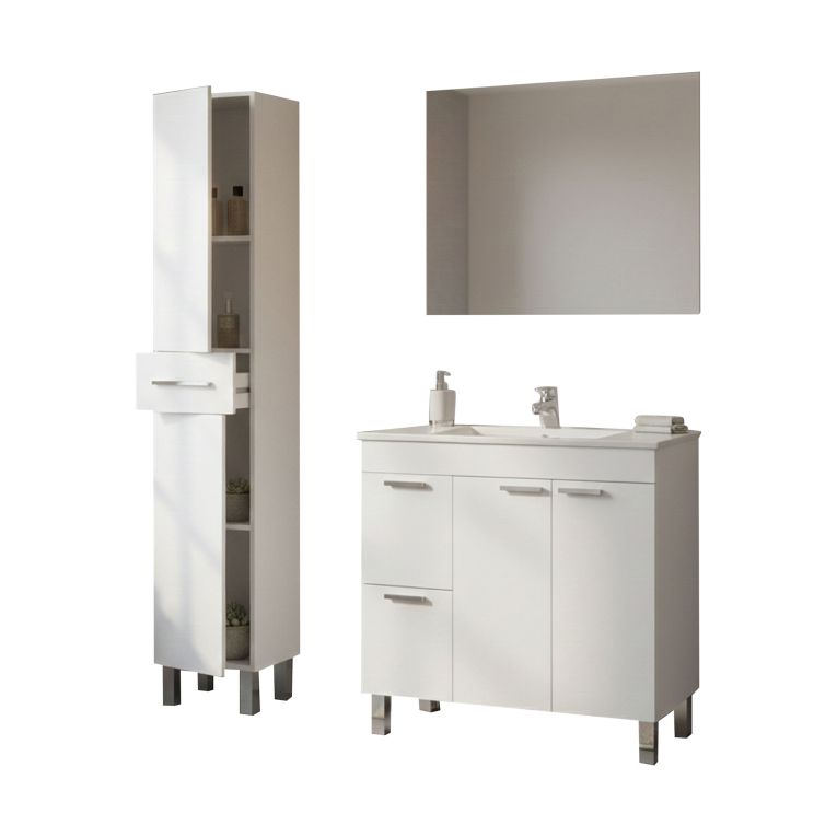 Set Mobili Bagno Bianco Lucido Specchio Incluso 3 Cassetti, 3 Ripiani - Lomello