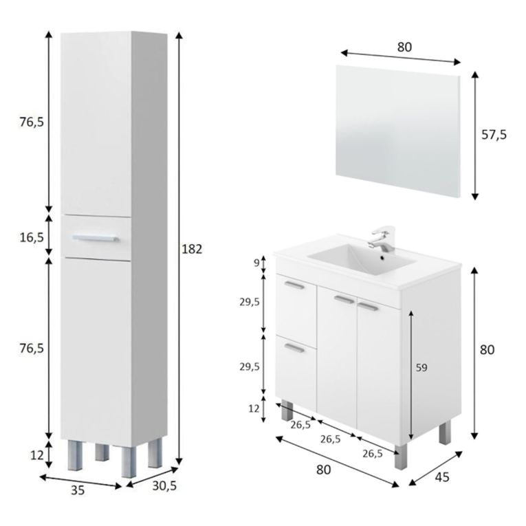 Set Mobili Bagno Bianco Lucido Specchio Incluso 3 Cassetti, 3 Ripiani - Lomello