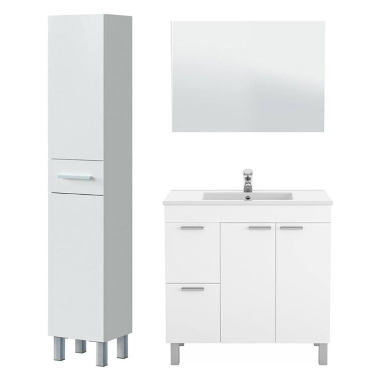 Set Mobili Bagno Bianco Lucido Specchio Incluso 3 Cassetti, 3 Ripiani - Lomello