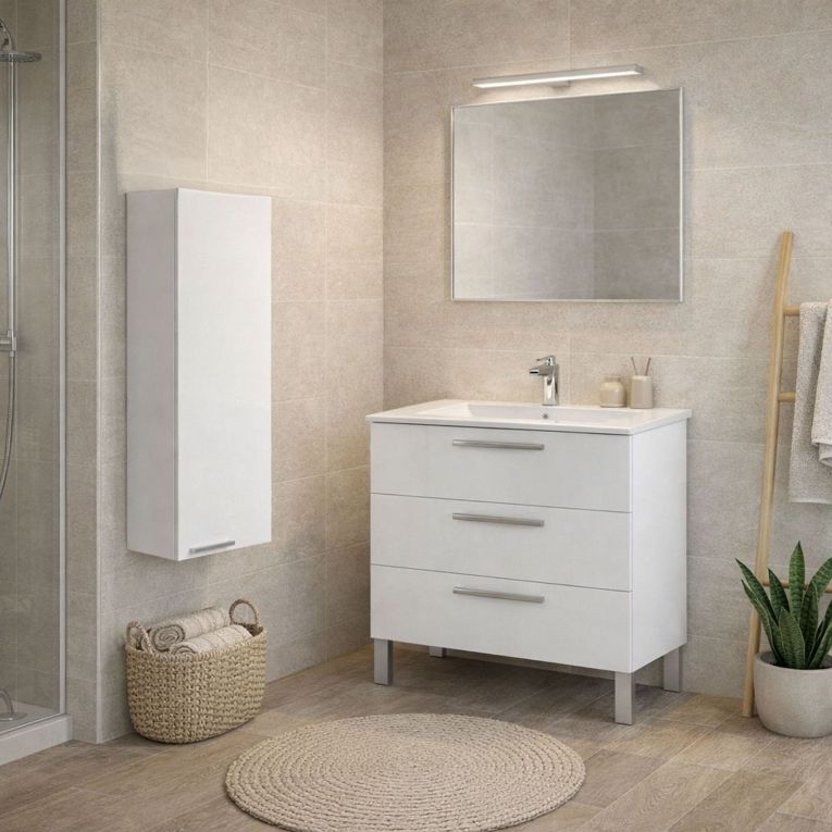 Set Mobili Bagno Bianco Lucido Specchio Incluso 3 Cassetti, un Ripiano - Tavoleto