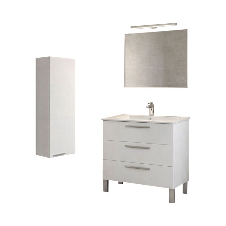 Set Mobili Bagno Bianco Lucido Specchio Incluso 3 Cassetti, un Ripiano - Tavoleto