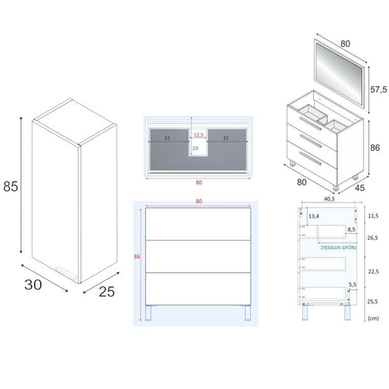 Set Mobili Bagno Bianco Lucido Specchio Incluso 3 Cassetti, un Ripiano - Tavoleto
