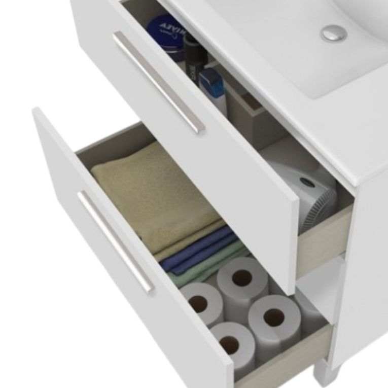 Set Mobili Bagno Bianco Lucido Specchio Incluso 3 Cassetti, un Ripiano - Tavoleto