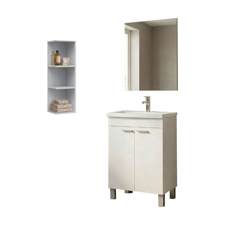 Set Mobili Bagno Bianco Lucido Specchio Incluso 3 Ripiani, 2 Ante - Furtei