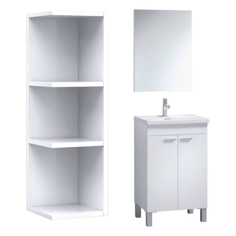 Set Mobili Bagno Bianco Lucido Specchio Incluso 3 Ripiani, 2 Ante - Furtei