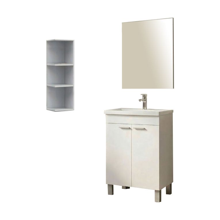 Set Mobili Bagno Bianco Lucido Specchio Incluso 3 Ripiani, 2 Ante - Furtei