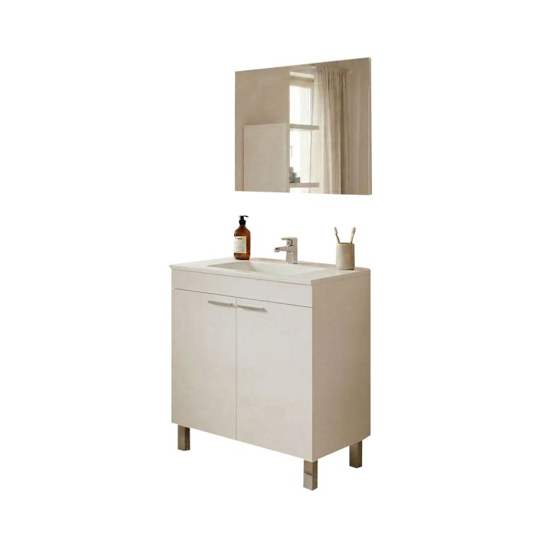 Set Mobili Bagno Bianco Lucido Specchio Incluso 3 Ripiani, 2 Ante - Leggiuno