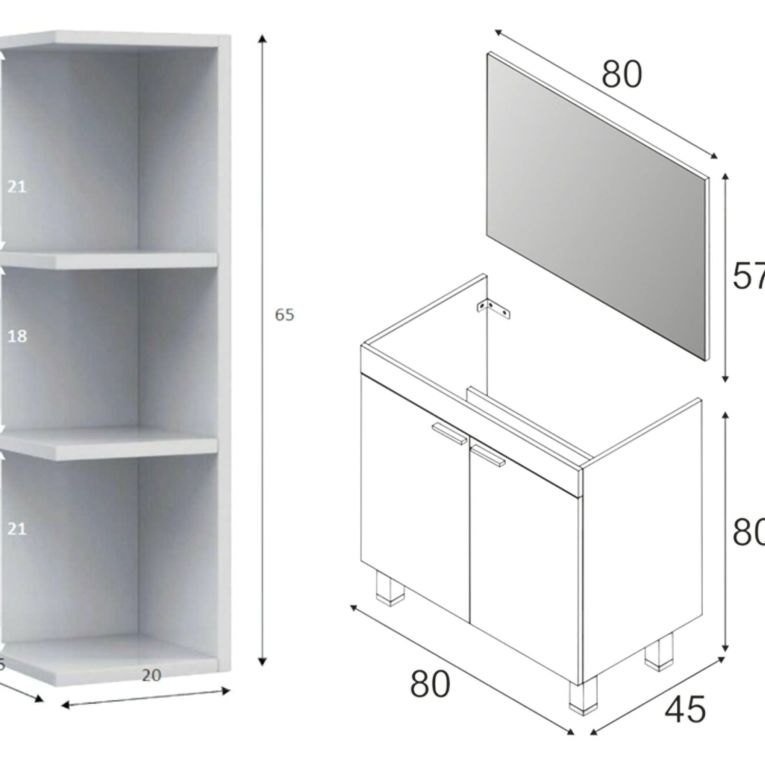 Set Mobili Bagno Bianco Lucido Specchio Incluso 3 Ripiani, 2 Ante - Leggiuno