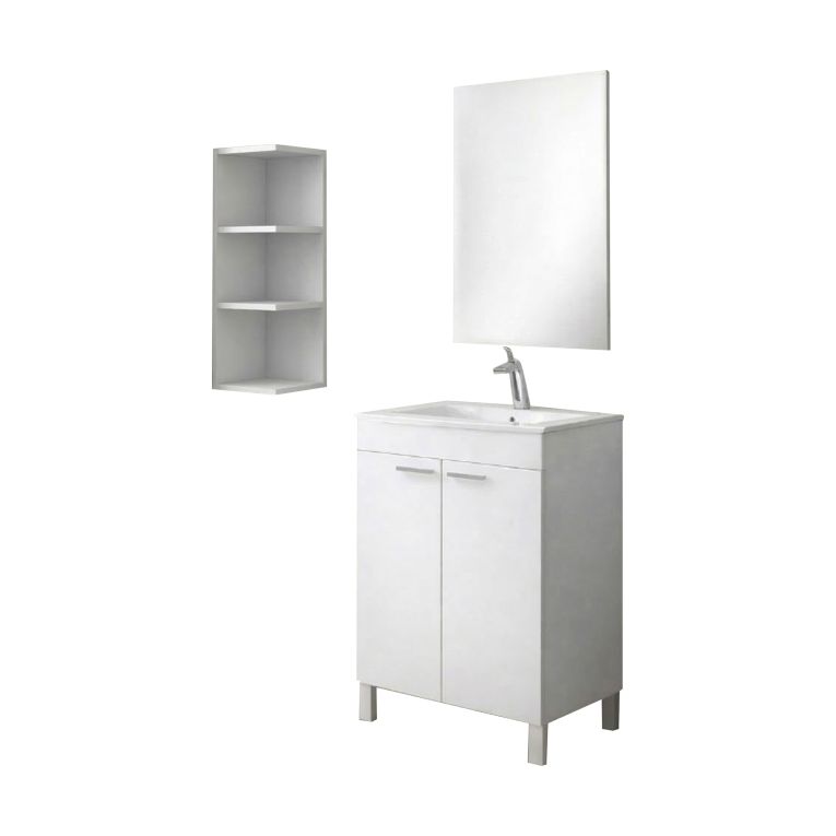 Set Mobili Bagno Bianco Lucido Specchio Incluso 3 Ripiani, 2 Ante - Sorrento