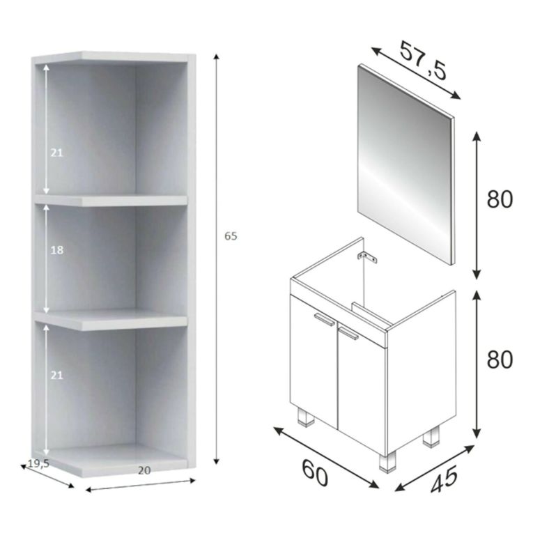 Set Mobili Bagno Bianco Lucido Specchio Incluso 3 Ripiani, 2 Ante - Sorrento