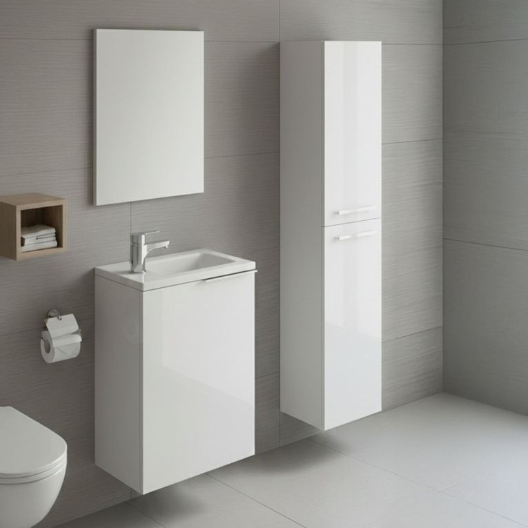 Set Mobili Bagno Bianco Lucido Specchio Incluso 3 Ripiani, 3 Ante - Caiolo