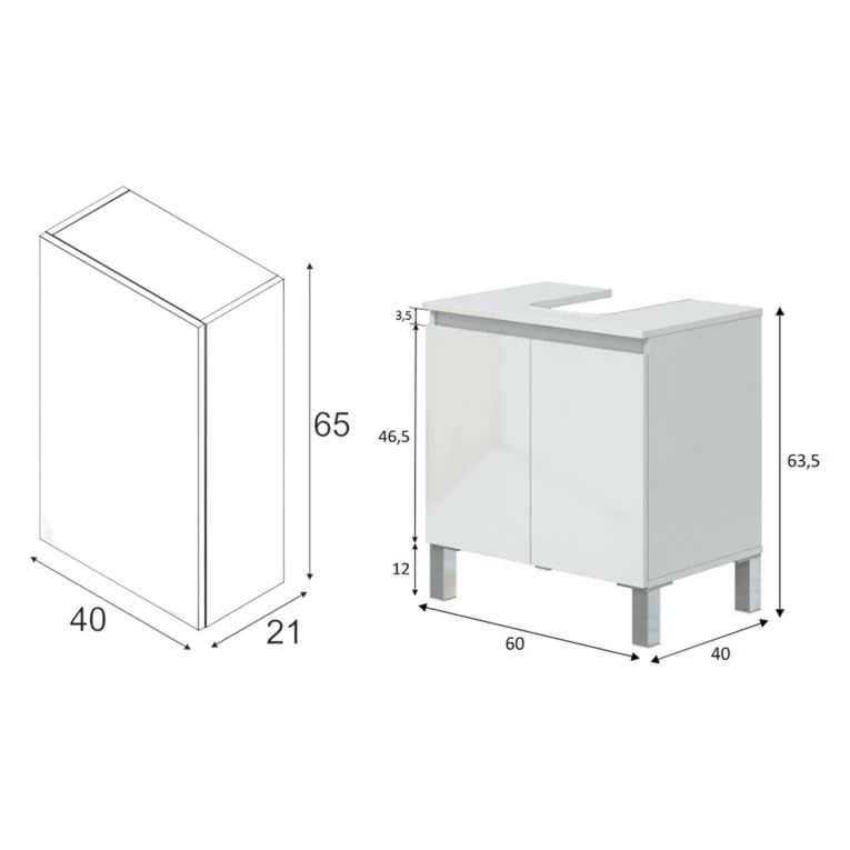 Set Mobili Bagno Bianco Lucido Specchio Incluso 3 Ripiani, 3 Ante - Gaiola
