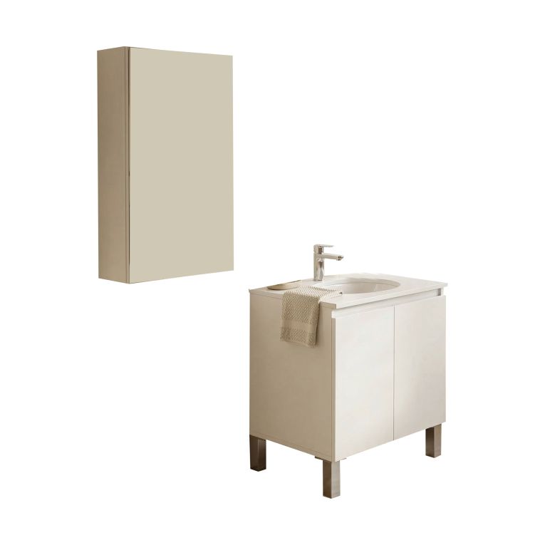 Set Mobili Bagno Bianco Lucido Specchio Incluso 3 Ripiani, 3 Ante - Gaiola