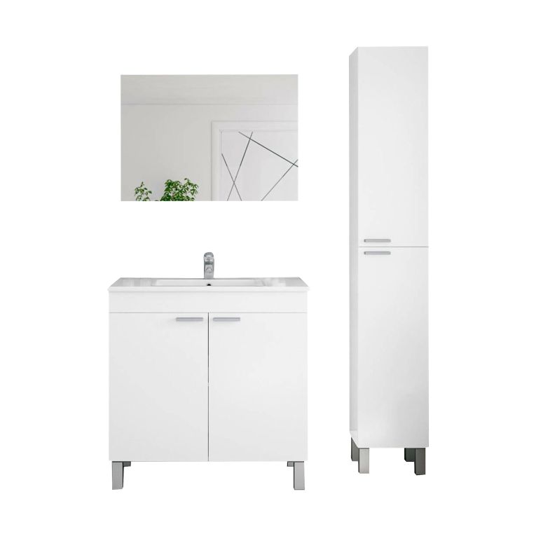 Set Mobili Bagno Bianco Lucido Specchio Incluso 3 Ripiani, 4 Ante - Varzo