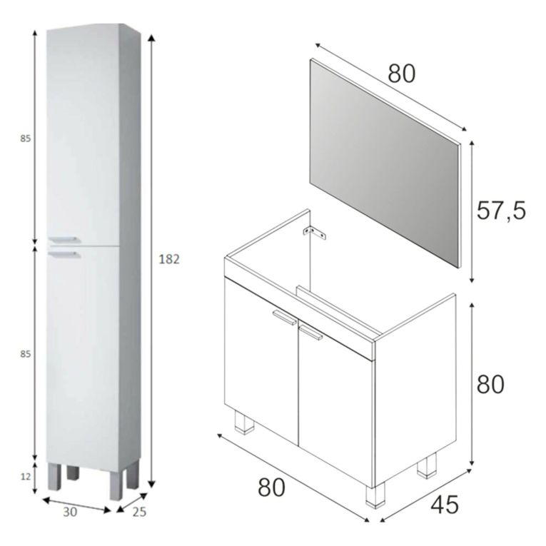 Set Mobili Bagno Bianco Lucido Specchio Incluso 3 Ripiani, 4 Ante - Varzo