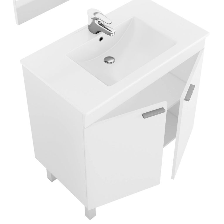 Set Mobili Bagno Bianco Lucido Specchio Incluso 3 Ripiani, 4 Ante - Varzo
