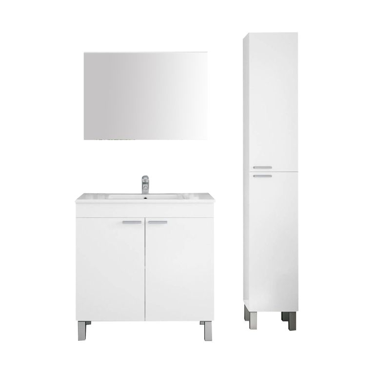 Set Mobili Bagno Bianco Lucido Specchio Incluso 3 Ripiani, 4 Ante - Varzo